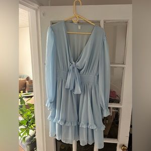 Light Blue Dress with Cuffed Puffy Sleeves and Bow Detail